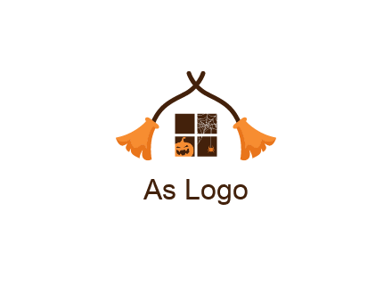 crossed broomsticks on window with pumpkin and spider Logo
