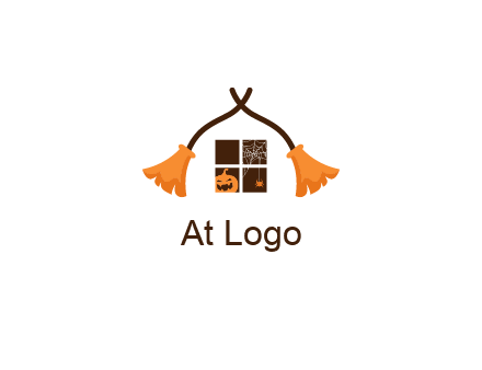 crossed broomsticks on window with pumpkin and spider Logo