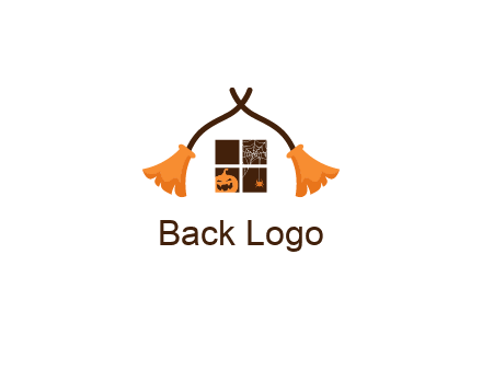 crossed broomsticks on window with pumpkin and spider Logo