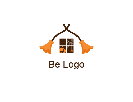 crossed broomsticks on window with pumpkin and spider Logo