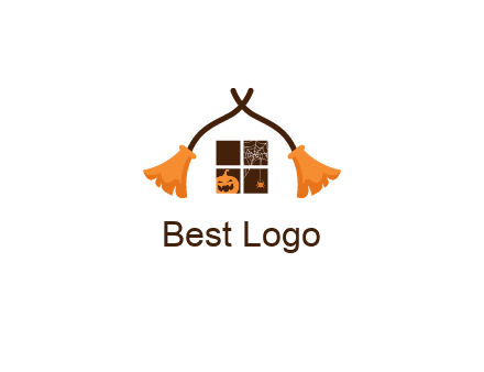 crossed broomsticks on window with pumpkin and spider Logo
