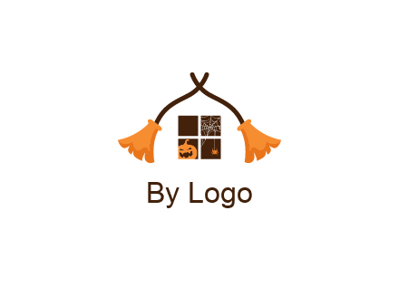 crossed broomsticks on window with pumpkin and spider Logo