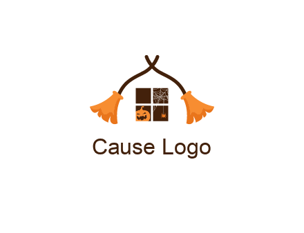 crossed broomsticks on window with pumpkin and spider Logo
