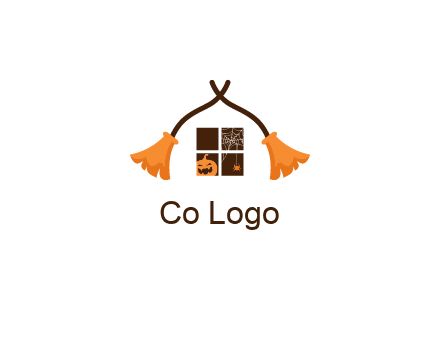 crossed broomsticks on window with pumpkin and spider Logo