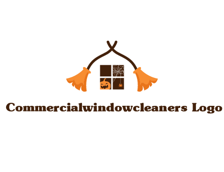 crossed broomsticks on window with pumpkin and spider Logo