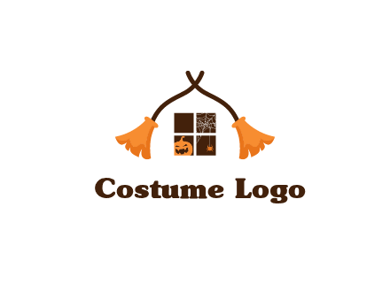 crossed broomsticks on window with pumpkin and spider Logo