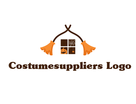 crossed broomsticks on window with pumpkin and spider Logo