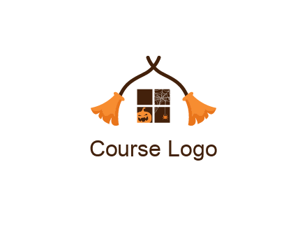 crossed broomsticks on window with pumpkin and spider Logo