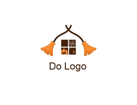 crossed broomsticks on window with pumpkin and spider Logo