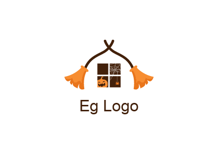 crossed broomsticks on window with pumpkin and spider Logo