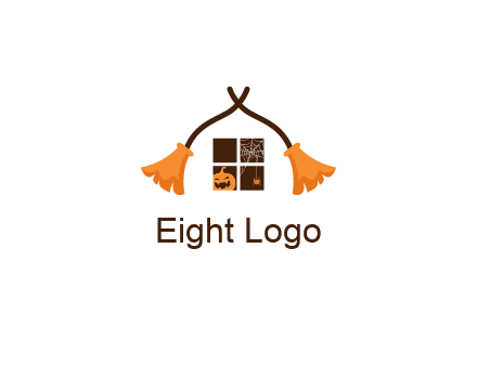 crossed broomsticks on window with pumpkin and spider Logo