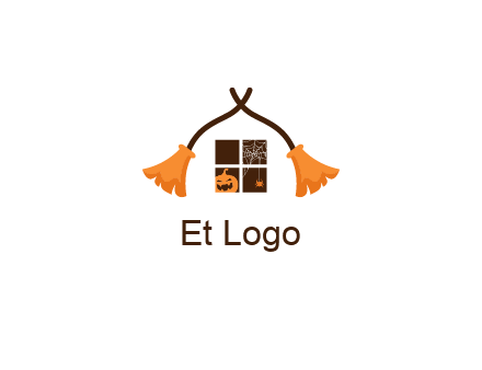 crossed broomsticks on window with pumpkin and spider Logo