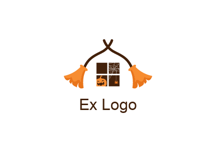 crossed broomsticks on window with pumpkin and spider Logo