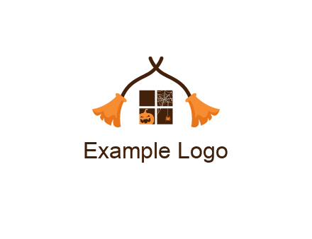 crossed broomsticks on window with pumpkin and spider Logo