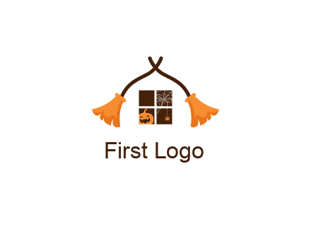 crossed broomsticks on window with pumpkin and spider Logo