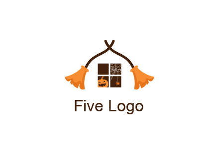 crossed broomsticks on window with pumpkin and spider Logo