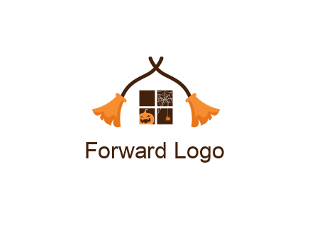 crossed broomsticks on window with pumpkin and spider Logo