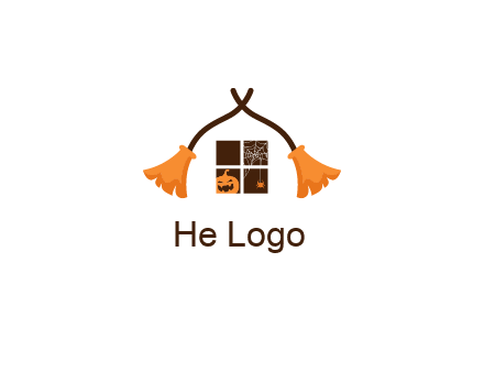 crossed broomsticks on window with pumpkin and spider Logo