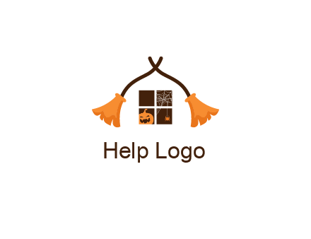 crossed broomsticks on window with pumpkin and spider Logo
