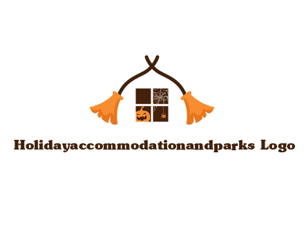 crossed broomsticks on window with pumpkin and spider Logo