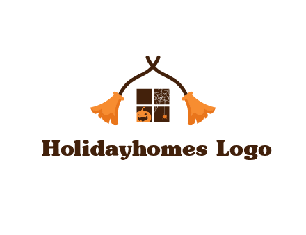 crossed broomsticks on window with pumpkin and spider Logo