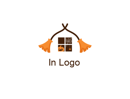 crossed broomsticks on window with pumpkin and spider Logo