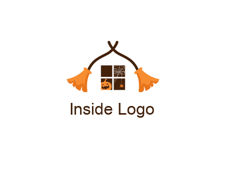 crossed broomsticks on window with pumpkin and spider Logo