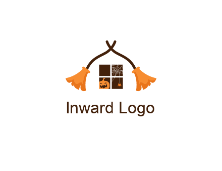 crossed broomsticks on window with pumpkin and spider Logo