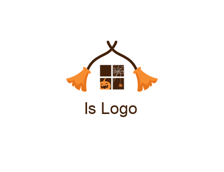 crossed broomsticks on window with pumpkin and spider Logo