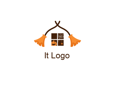 crossed broomsticks on window with pumpkin and spider Logo
