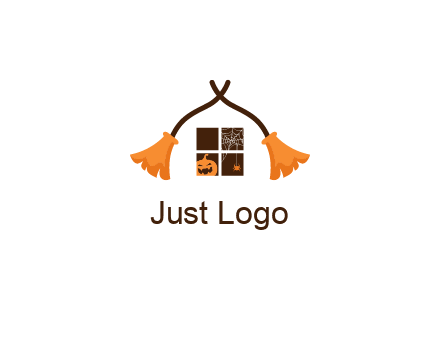 crossed broomsticks on window with pumpkin and spider Logo