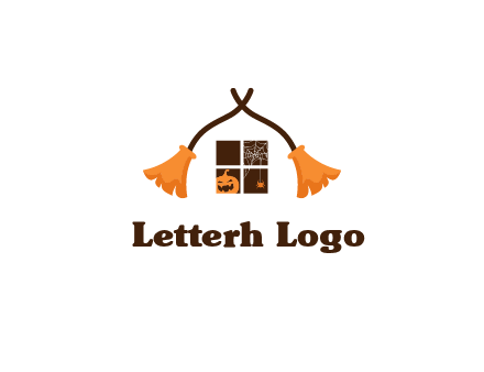 crossed broomsticks on window with pumpkin and spider Logo