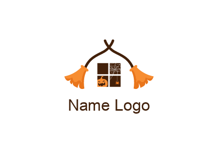 crossed broomsticks on window with pumpkin and spider Logo