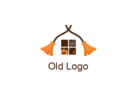 crossed broomsticks on window with pumpkin and spider Logo