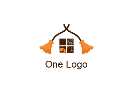 crossed broomsticks on window with pumpkin and spider Logo
