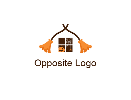 crossed broomsticks on window with pumpkin and spider Logo
