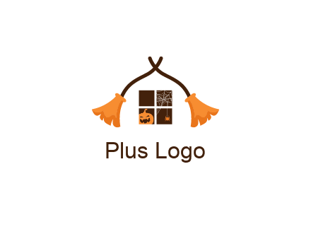 crossed broomsticks on window with pumpkin and spider Logo