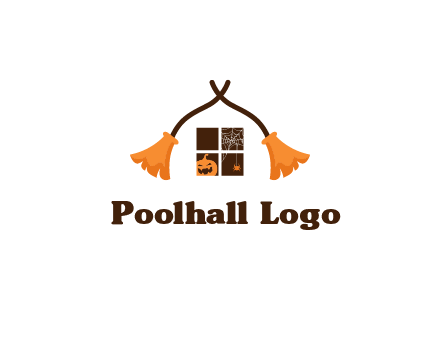 crossed broomsticks on window with pumpkin and spider Logo