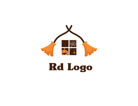 crossed broomsticks on window with pumpkin and spider Logo