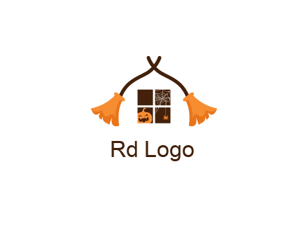 crossed broomsticks on window with pumpkin and spider Logo