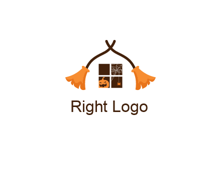 crossed broomsticks on window with pumpkin and spider Logo