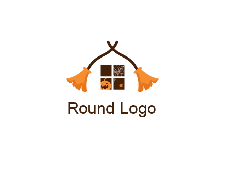 crossed broomsticks on window with pumpkin and spider Logo