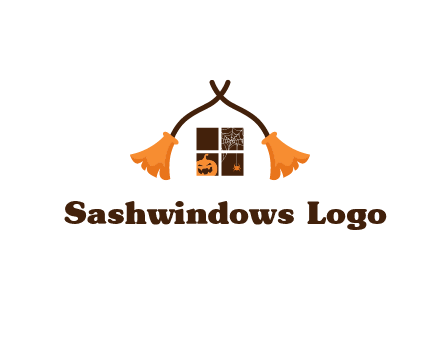 crossed broomsticks on window with pumpkin and spider Logo