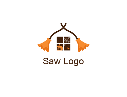 crossed broomsticks on window with pumpkin and spider Logo