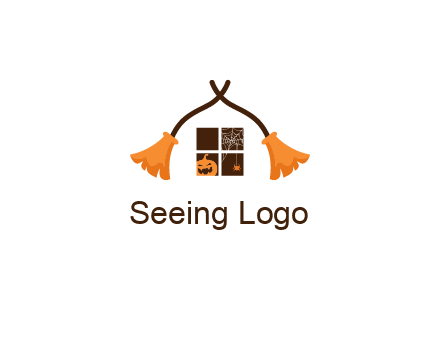crossed broomsticks on window with pumpkin and spider Logo