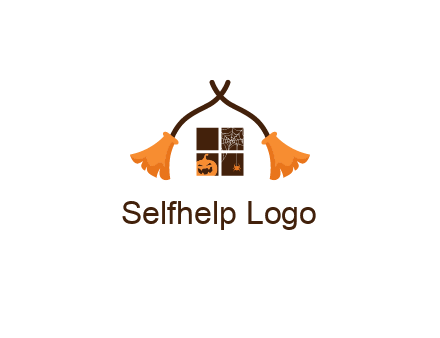 crossed broomsticks on window with pumpkin and spider Logo