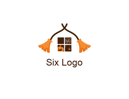 crossed broomsticks on window with pumpkin and spider Logo