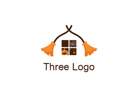 crossed broomsticks on window with pumpkin and spider Logo