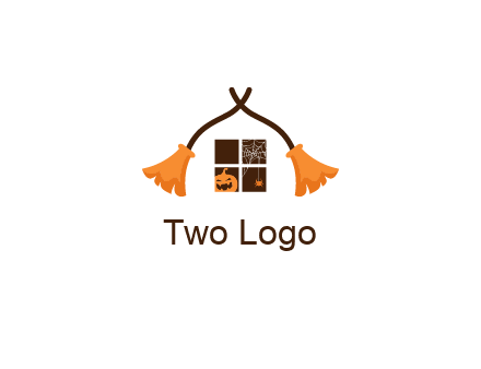 crossed broomsticks on window with pumpkin and spider Logo