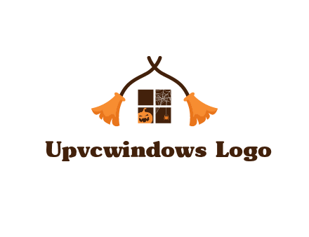 crossed broomsticks on window with pumpkin and spider Logo